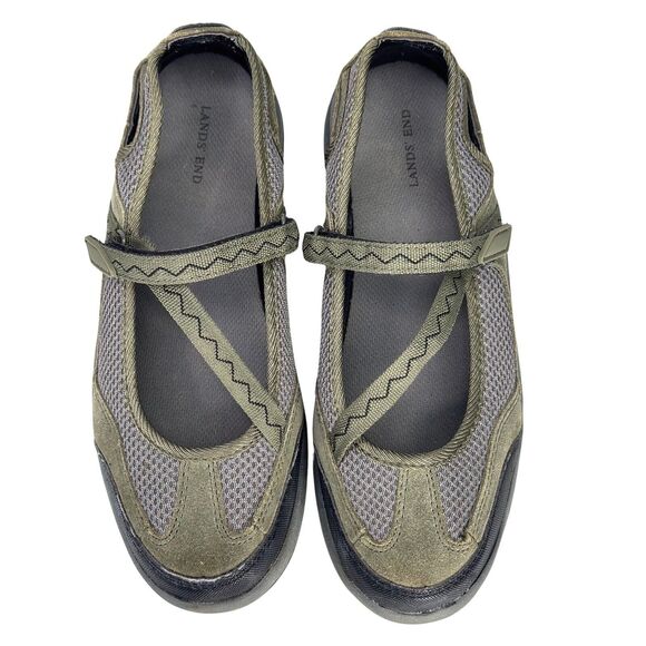 Lands' End Mary Jane Shoe Womens 8D Wide Green Gray Mesh Trekker Leather Hiking - Picture 7 of 12